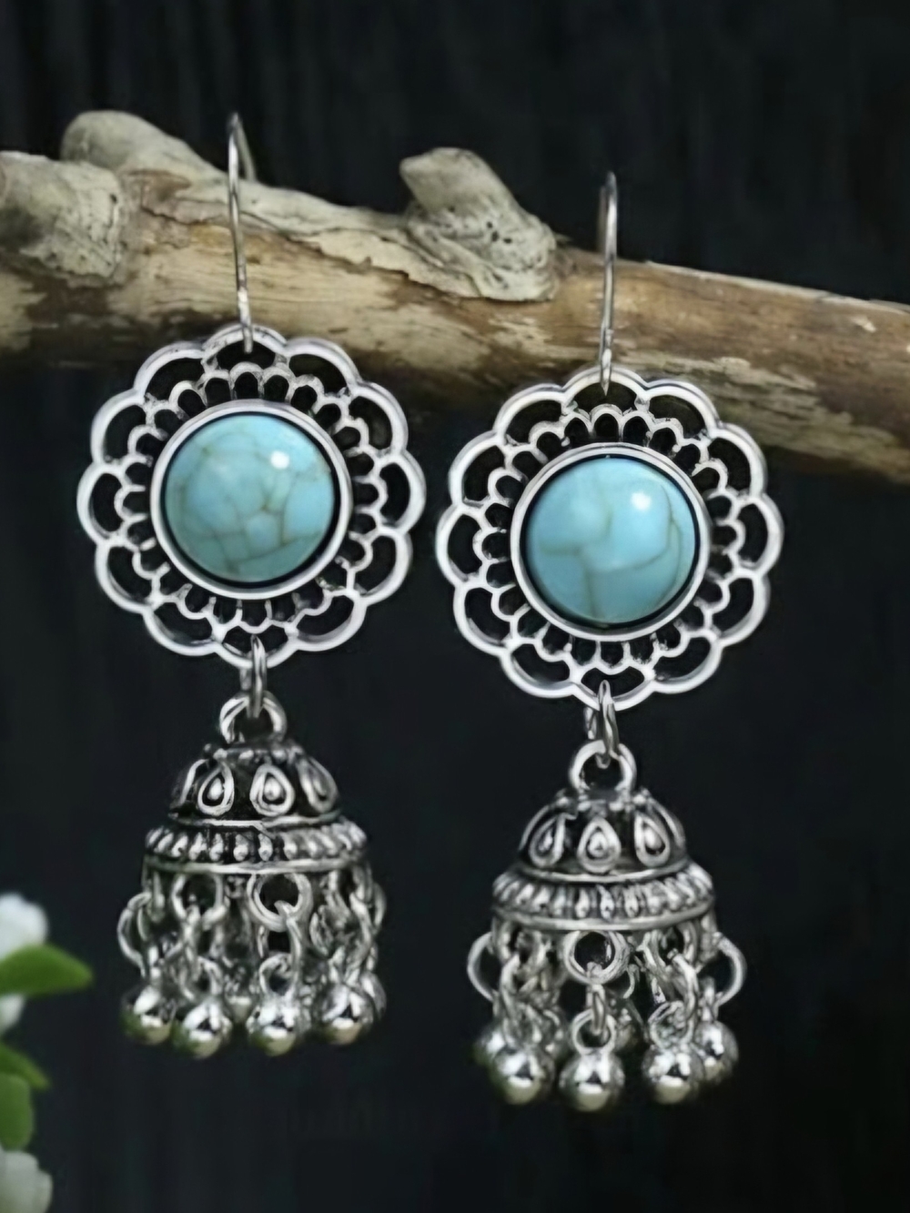 Chloe Silver Filigree Earrings with Turquoise Stones and Jhumka Drops